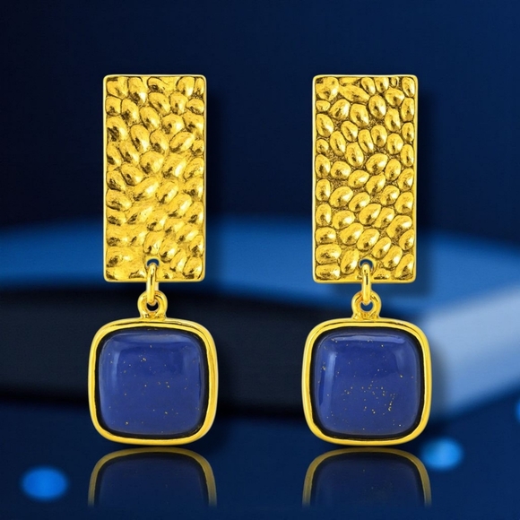 ποΈGold Plated Hammered Geometric Earrings with Lapis Lazuli Genuine Stone β¨ - Picture 1 of 11